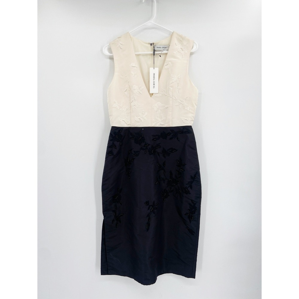 Prabal Gurung Cream Black Two-Tone‎ Embroidered V-Neck Silk Sheath Dress 8 NWT